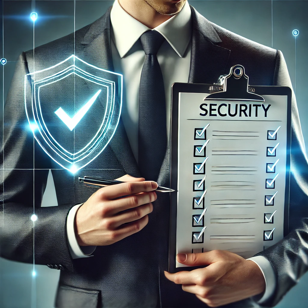 DALLE 2025-02-17 16.42.13 – A realistic 3D illustration of a professional businessman in a suit holding a security checklist on a clipboard. Ilustração 3D realista de um homem de terno segurando uma prancheta com um checklist de segurança. A imagem foca no torso e nas mãos, sem mostrar o rosto, garantindo um visual universal e profissional. Ao lado, um escudo brilhante simboliza proteção e cibersegurança. O fundo moderno em tons de azul, branco e prata transmite confiança e autoridade no tema de segurança digital.
