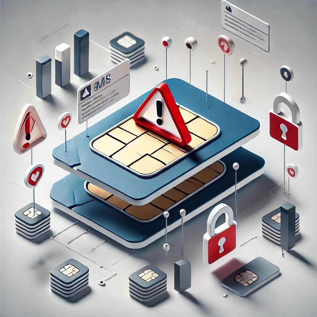 DALLE 2025-02-18 15.29.25 – A minimalistic 3D illustration clearly depicting the SIM Swapping scam. The image features t Ilustração 3D minimalista sobre o golpe de SIM Swapping. Dois chips de celular idênticos se sobrepõem, simbolizando a clonagem fraudulenta de um SIM. No centro, um ícone de alerta vermelho destaca a ameaça de acesso não autorizado. O design utiliza tons de azul e cinza para um visual profissional, com detalhes em vermelho que ressaltam o perigo do roubo de identidade digital.