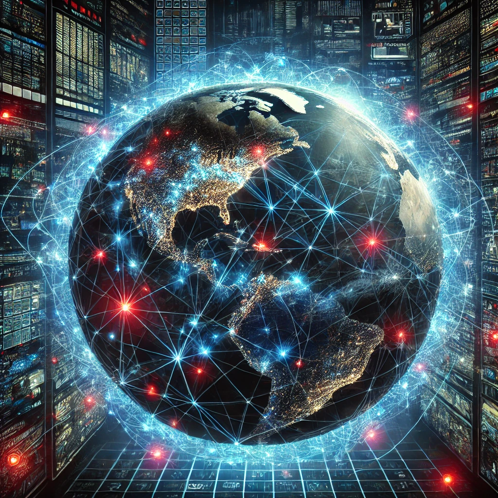 DALLE 2025-02-19 17.24.40 – A global view of Earth at night, showcasing interconnected networks of energy, transportation, and communicat Ilustração de guerras cibernéticas representadas por um globo terrestre conectado por redes digitais em azul, simbolizando infraestruturas globais de energia, transporte e comunicação. Linhas vermelhas indicam ataques cibernéticos em larga escala, demonstrando a vulnerabilidade e o impacto de conflitos digitais no mundo. O fundo exibe servidores e códigos digitais, reforçando o tema de segurança cibernética.