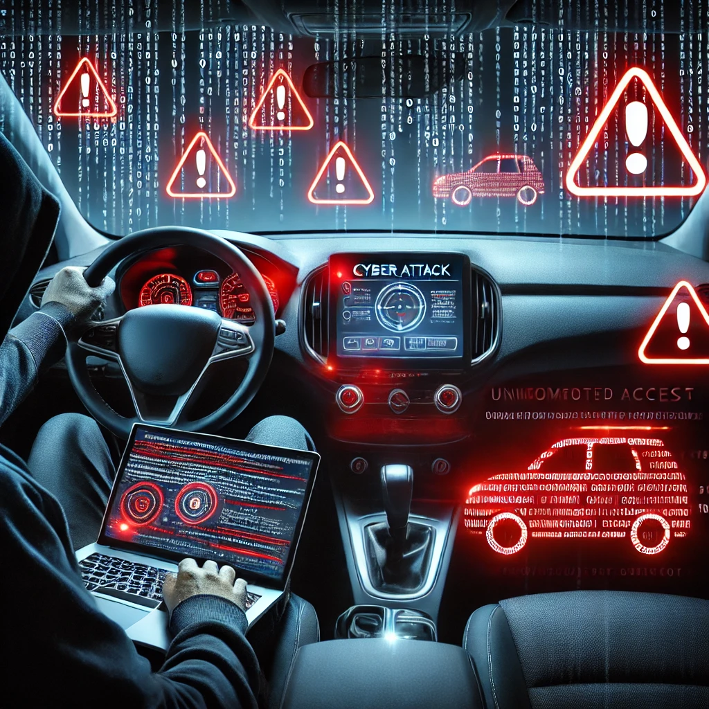 DALLE 2025-02-20 14.06.36 – A modern vehicle experiencing a cyber attack, with red warning alerts flashing on its dashboard Ilustração de um veículo moderno sendo hackeado remotamente. O painel exibe alertas vermelhos e mensagens de erro indicando um ataque cibernético em andamento. Um hacker encapuzado controla o carro através de um laptop, com códigos binários e símbolos de hacking flutuando no ambiente, representando a vulnerabilidade dos veículos conectados a ataques digitais.