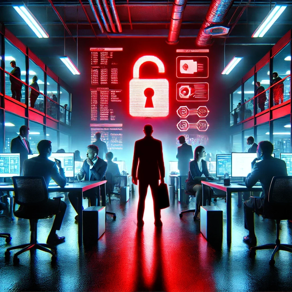 DALLE 2025-02-20 14.41.35 – A tense corporate office at night, illuminated by cold fluorescent lights. In the background, employees Ilustração de um escritório corporativo em clima de tensão, com funcionários preocupados e executivos reunidos em uma sala de crise. Em primeiro plano, um ex-funcionário pintado de vermelho segura uma maleta, simbolizando um vazamento de dados por vingança. Alertas digitais em vermelho indicam uma violação de segurança, destacando os riscos de ameaças internas e o impacto de informações confidenciais sendo expostas.