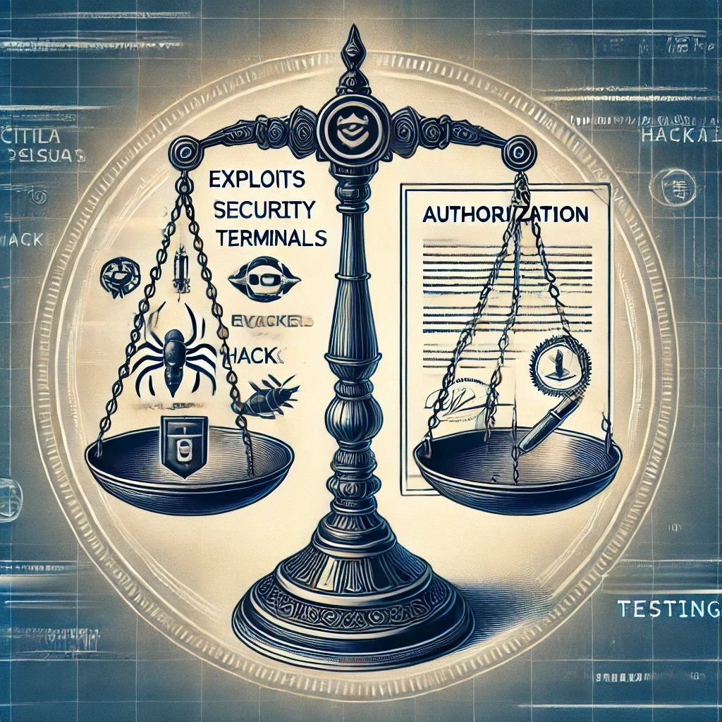 DALLE 2025-02-20 15.10.08 – A symbolic illustration of a scale of justice with a digital security theme. The balance is empty, symbo Ilustração simbólica de uma balança da justiça com um tema de segurança digital, representando a ética no hacking. O fundo exibe elementos sutis de cibersegurança, como códigos binários e ícones de proteção, enfatizando os limites éticos e legais em testes de invasão.