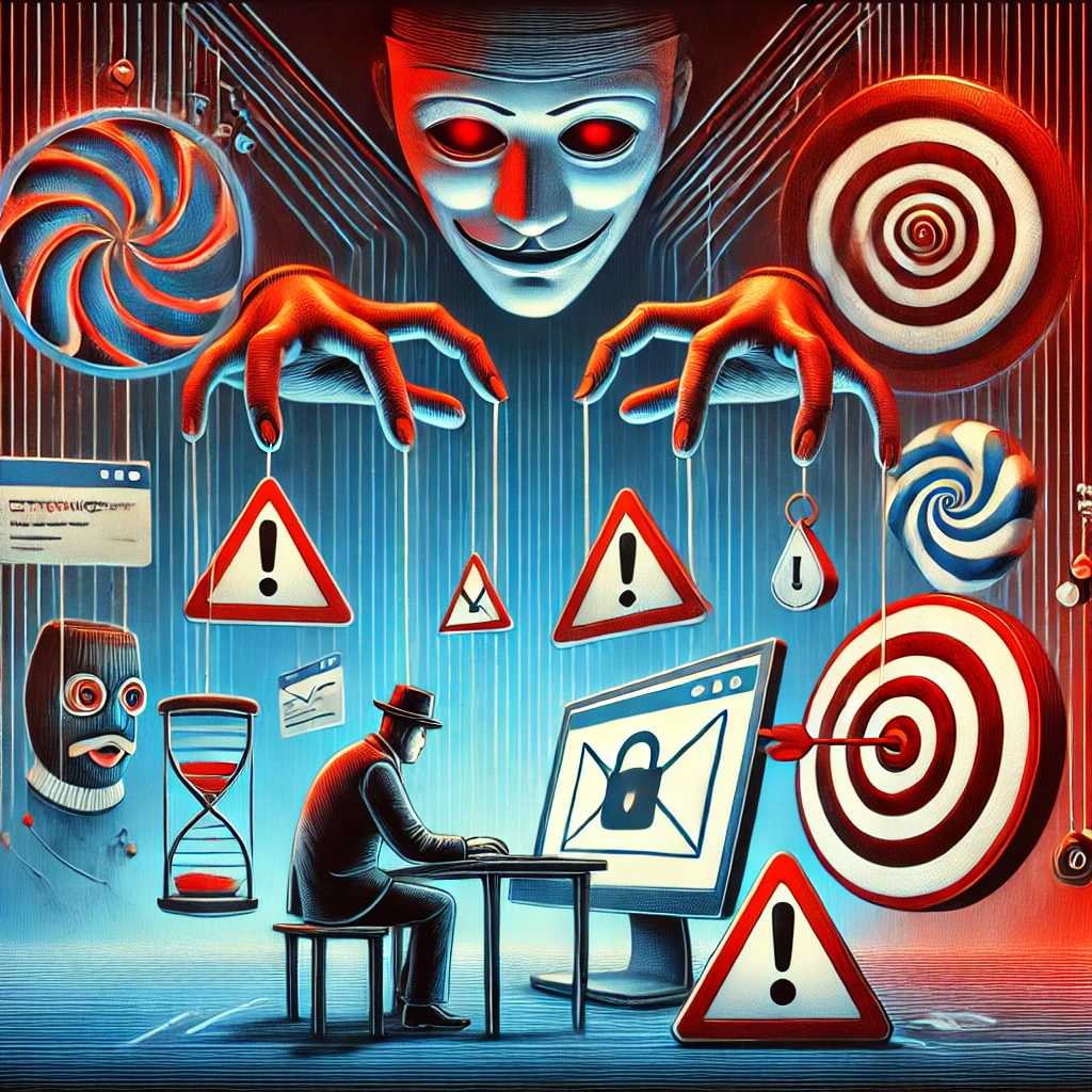 DALLE 2025-02-21 14.50.09 – A conceptual digital illustration emphasizing the connection between phishing and psychological ma Ilustração conceitual sobre a psicologia do phishing, mostrando um usuário confuso diante de um e-mail enganoso. Ícones de phishing, como ganchos e figuras mascaradas, cercam a cena, enquanto no fundo, símbolos de manipulação psicológica, como um mestre de marionetes, espirais hipnóticas e relógios de urgência, representam como golpes exploram emoções como medo, confiança e pressa.