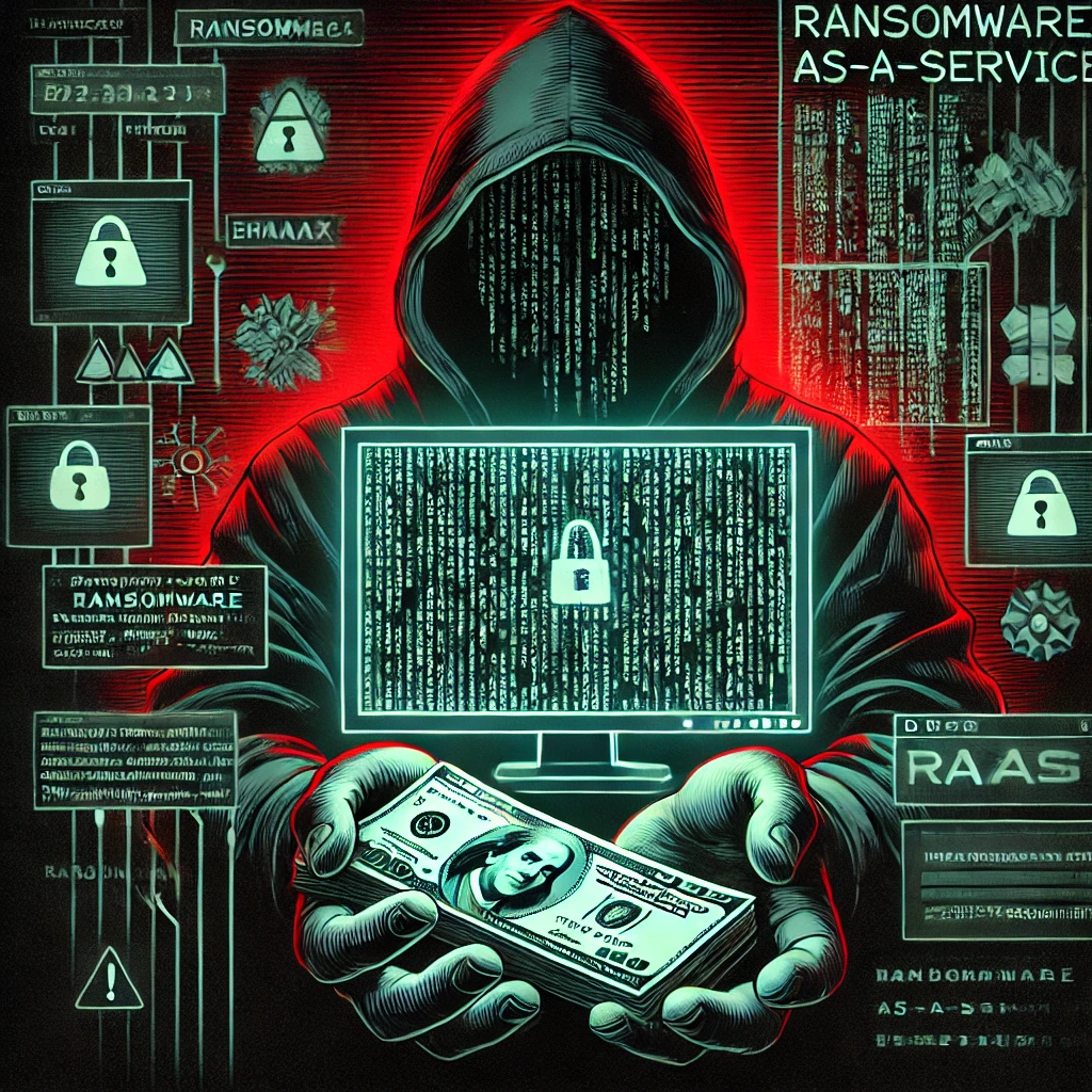 DALLE 2025-02-21 15.31.47 – A dark and ominous cyber-themed illustration depicting two hands emerging from the shadows. One hand holds a stack of Ilustração sombria representando Ransomware-as-a-Service (RaaS). Duas mãos emergem das sombras: segurando dinheiro, simbolizando pagamento ilícito. O fundo escuro com códigos criptografado e com iluminação vermelha e verde reforça a sensação de perigo, clandestinidade e a ameaça cibernética desse modelo de crime digital.