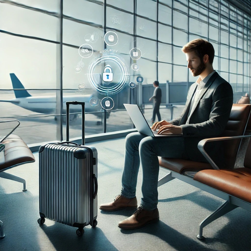 DALLE 2025-02-25 13.59.19 – A realistic digital illustration of a traveler sitting in an airport lounge, using a laptop. The Ilustração realista de um viajante sentado no saguão de um aeroporto, usando um laptop. Ao lado, uma mala indica que ele está em trânsito. No fundo, grandes janelas mostram aviões estacionados nos portões e outros decolando, destacando o ambiente de viagens. A cena reforça a conectividade durante deslocamentos e a importância da segurança digital em aeroportos e hotéis.