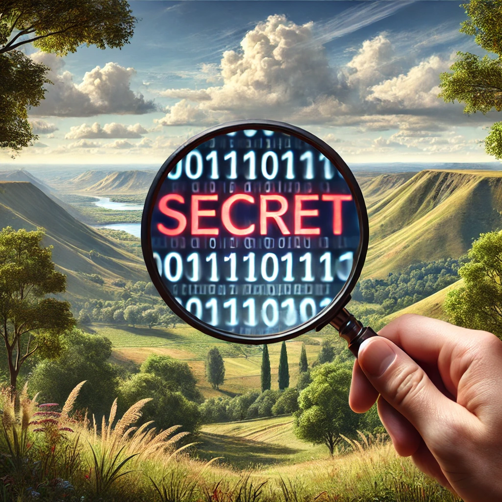 DALLE 2025-02-25 14.18.14 – A realistic digital illustration of a scenic landscape with a hidden message representing steganograp Ilustração realista de uma paisagem natural com árvores, montanhas e céu claro. No centro, uma lupa revela um segredo oculto na imagem: a palavra "SECRET" em vermelho, cercada por código binário "0101010101", simbolizando a técnica de esteganografia. A cena representa a ocultação de dados em imagens digitais, destacando a importância da segurança da informação.