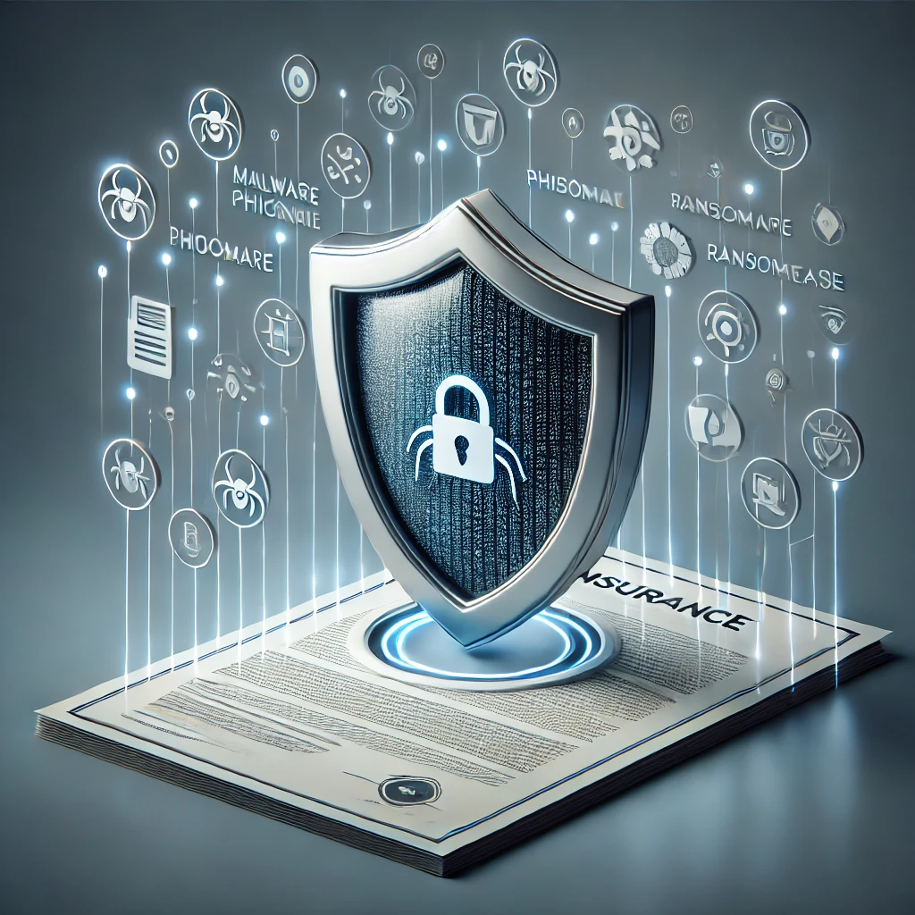 DALLE 2025-02-26 16.12.55 – A highly detailed yet minimalistic 3D illustration of a digital shield symbolizing cybersecuri Ilustração 3D minimalista representando o conceito de cyber insurance. No centro, um escudo digital com um cadeado simboliza a proteção cibernética, emergindo de uma apólice de seguro. Ao redor, ícones luminosos representam ameaças digitais, como malware, phishing e ransomware, reforçando a ideia de segurança financeira contra ataques virtuais. O design futurista e tecnológico utiliza tons de azul e prata para transmitir confiança e resiliência na cibersegurança.