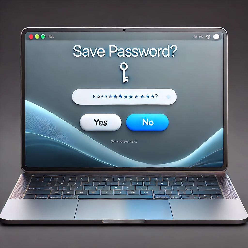 DALLE 2025-02-26 18.16.08 – A realistic and visually polished 3D illustration of a modern laptop viewed from the front, di Ilustração 3D realista de um laptop exibindo um navegador com um pop-up perguntando "Save password?". No centro da tela, há um ícone de chave 🗝, simbolizando o armazenamento de senhas. Abaixo da mensagem, dois botões estão visíveis: "YES" em um tom neutro e "NO" em azul vibrante, representando a escolha entre conveniência e segurança digital. O design minimalista e profissional reforça o tema de cibersegurança e gestão de credenciais.