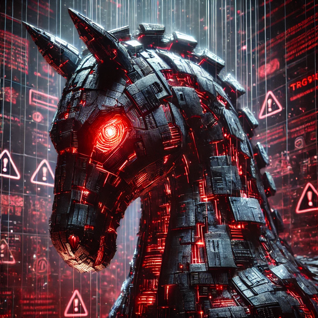 DALLE 2025-02-27 17.20.03 – A menacing and nightmarish 3D illustration of a __digital Trojan Horse__, designed to be as terrifying as possible. Th Ilustração 3D ameaçadora de um Trojan Horse digital, representando uma grave ameaça cibernética. O cavalo é formado por placas metálicas escuras com circuitos vermelhos brilhantes, transmitindo a ideia de infiltração maliciosa. Seus olhos brilham intensamente em vermelho, reforçando o perigo. No fundo, códigos corrompidos e alertas de segurança piscam, simbolizando um Trojan infiltrado em sistemas, pronto para comprometer a segurança digital.