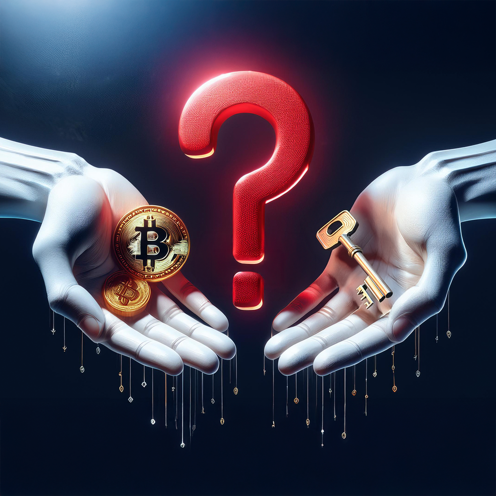 bitcoinss Ilustração digital representando o dilema sobre pagar resgate em casos de ransomware. Duas mãos estilizadas flutuam no ar, uma segurando criptomoedas (bitcoins) e a outra segurando uma chave dourada. No centro, um grande ponto de interrogação vermelho simboliza a incerteza e a questão ética sobre a decisão de pagar pelo desbloqueio de dados sequestrados. Pequenos elementos digitais caem das mãos, reforçando a atmosfera tecnológica e cibernética da cena.