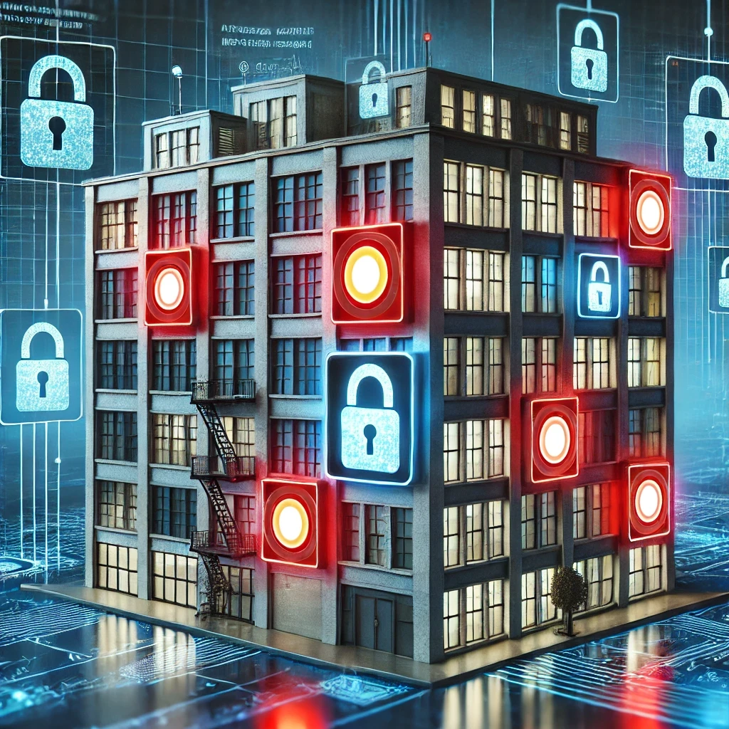DALLE 2025-03-03 14.30.00 – A professional and conceptual 3D illustration representing __attack surfaces in cybersecurity__, depi Ilustração digital representando superfícies de ataque em cibersegurança. A imagem mostra um prédio simbolizando um sistema ou organização, onde diferentes pontos de vulnerabilidade são destacados com alvos vermelhos brilhantes. Ao redor, ícones de cadeados azuis indicam áreas protegidas, enquanto elementos digitais conectam a estrutura a um ambiente cibernético. A composição visual transmite a ideia de que qualquer sistema pode ter múltiplas superfícies de ataque que precisam ser monitoradas e protegidas contra ameaças.
