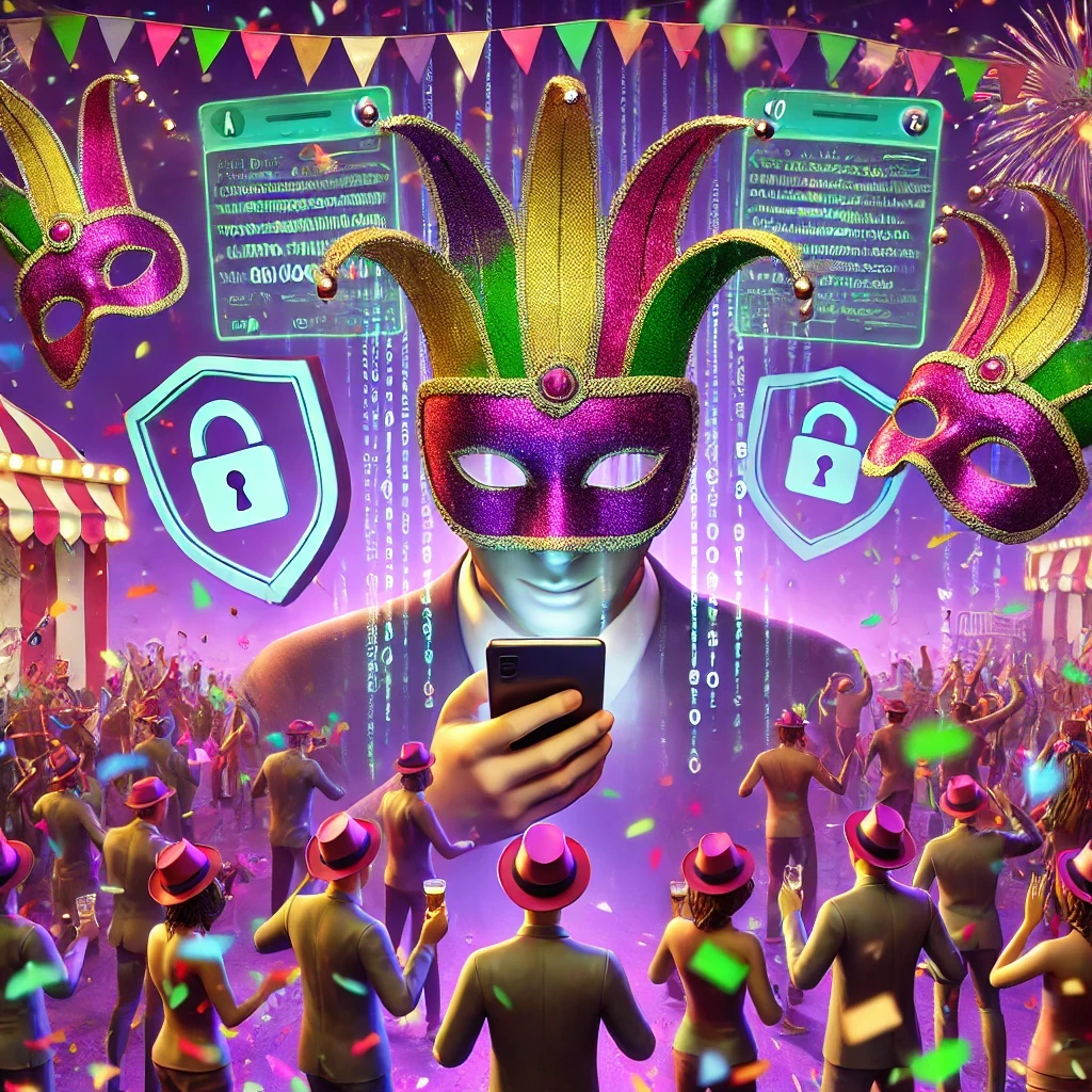 DALLE 2025-03-03 14.36.26 – A vibrant and professional 3D illustration of a __Carnival celebration__ with a large crowd Ilustração digital vibrante representando a segurança digital no Carnaval. A cena mostra uma multidão comemorando em meio a confetes e bandeirinhas coloridas, enquanto um indivíduo mascarado com um chapéu de bobo da corte segura um smartphone, simbolizando possíveis golpes virtuais durante a festa. No fundo, ícones de cadeados e interfaces digitais com códigos aparecem, destacando a importância da proteção de dados e segurança online. A composição mistura o clima festivo com alertas visuais sobre cibersegurança, reforçando a mensagem de curtir a folia sem cair em fraudes.
