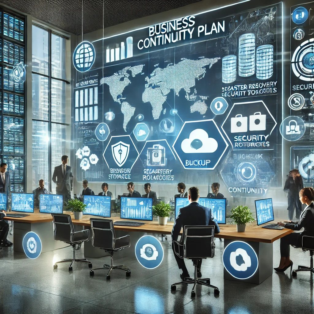 DALLE 2025-03-06 15.51.20 – A professional and highly detailed 3D illustration representing a __Business Continuity Plan (BCP)__ i Ilustração digital representando um plano de continuidade de negócios. A imagem mostra um grupo de profissionais em um ambiente corporativo moderno, analisando estratégias de recuperação e proteção empresarial em telas de computador. No fundo, um grande painel digital exibe gráficos, mapas e ícones de segurança cibernética, backup e armazenamento de dados, destacando a importância da resiliência organizacional diante de crises. O cenário transmite a ideia de planejamento estratégico para garantir a operação contínua das empresas mesmo em situações adversas.